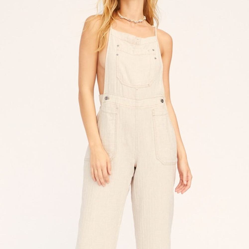 Free People Neutral Beige Natural Sights Linen Cotton Cropped Overalls Size S